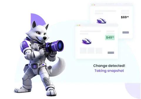 Sken.io mascot photographing a product page where the price dropped from $69.99 to $49.99 and a change is detected